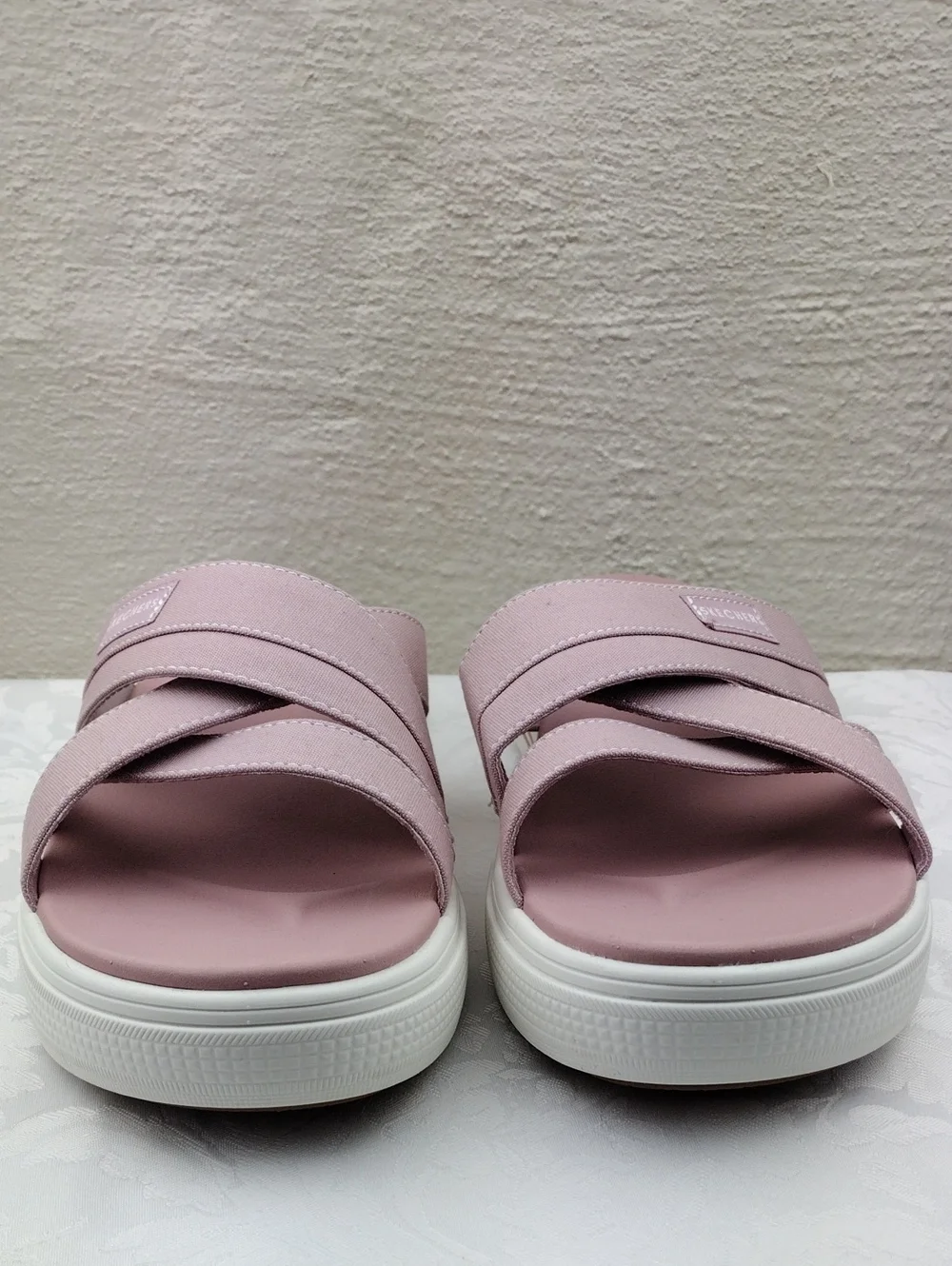 Skechers Arch Fit Daylily Mauve Canvas Crossband Open Toe Mid Sole Arcade Sandal